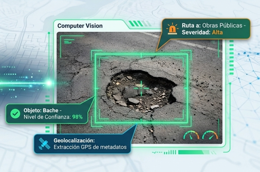 Interfaz de visión artificial identificando un bache en una fotografía, con nivel de confianza y geolocalización extraída.