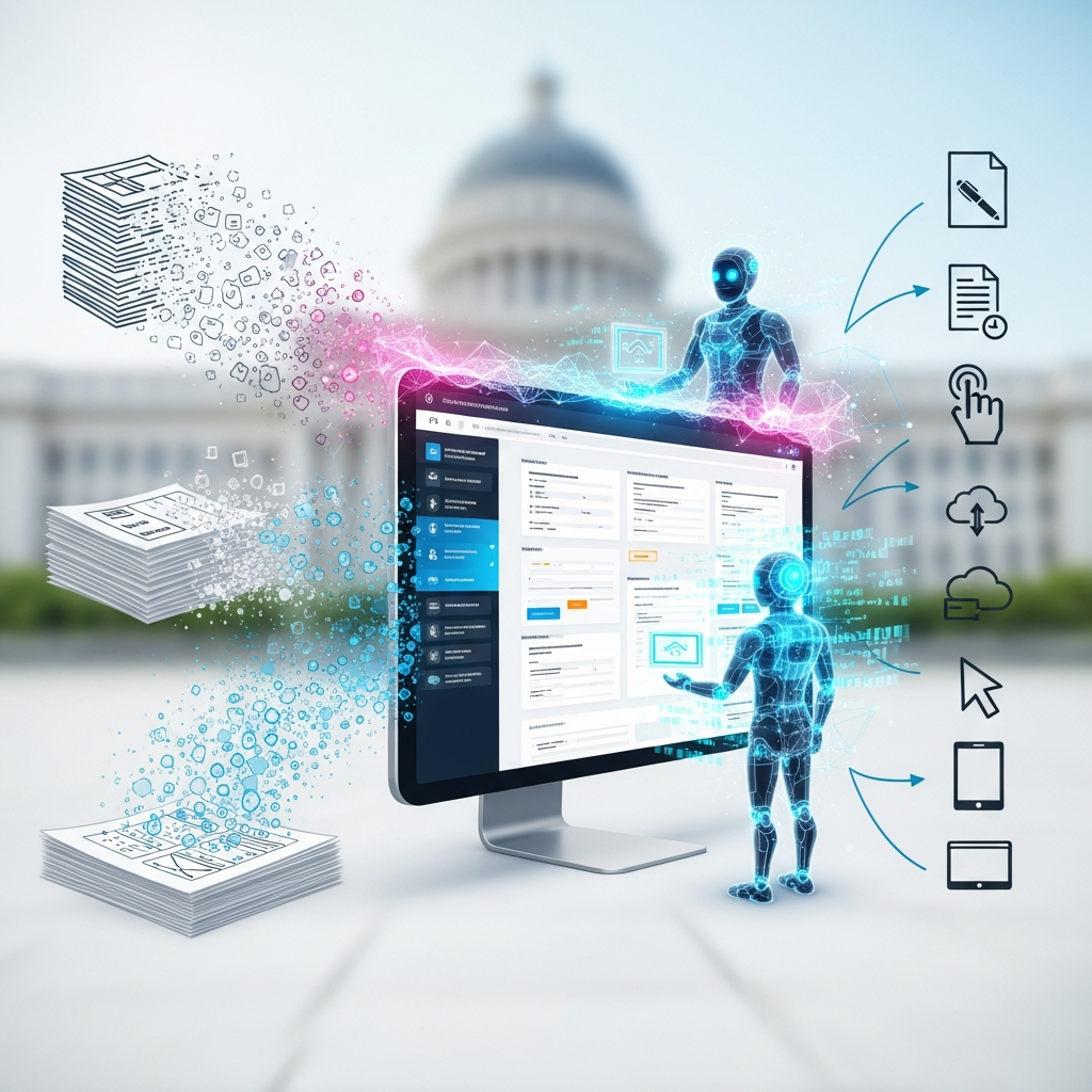 Ilustración de expedientes de papel transformándose en un panel administrativo digital.