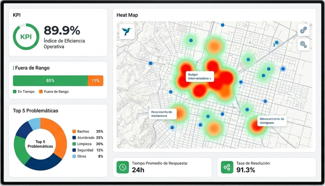 Panel de control con mapa de calor georreferenciado y estadísticas de atención ciudadana, vialidad y bacheo.